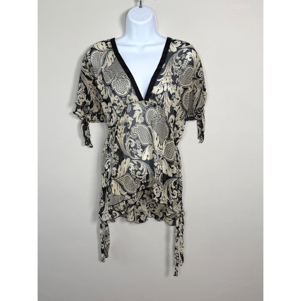 Anna Sui Y2K‎ Sheer Baroque Paisley Top Boho Fairycore Sz L Black Cream Damask